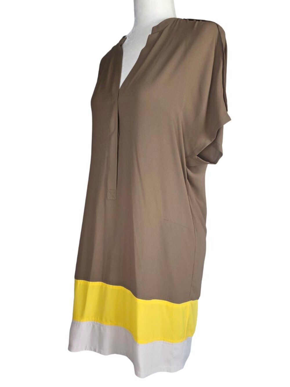 BCBG Max Azria Blaire Color Block Shirt Dress Short Dolman Sleeve Brown Yellow